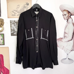 80s Shirt Black ZAZZI Viscose / Vintage Shirt Wide / Applique / Wide Men&#39;s Shirt L