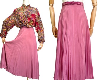 Delicate zijden rok geplooide roze midi / jaren 1970 rok 100% zijde / geplooide rok / rok met riem / elven / vintage dames XS