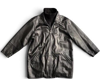 Black 80s leather jacket with fleece, vintage oversized jacket, long, women's XL, XXL