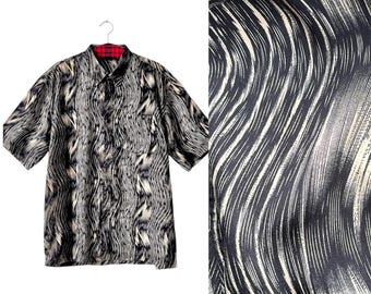 Camicia vintage psichedelica nera e beige, anni '60 USA / Camicia estiva, XL / Camicia a maniche corte / L