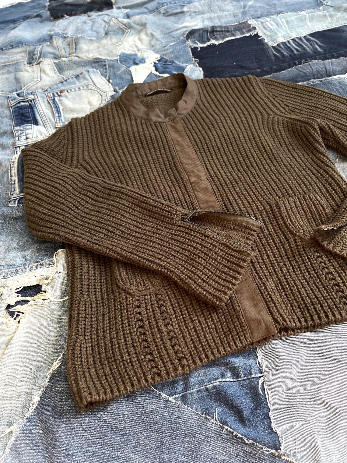 Strickjacke MARC CAIN Y2K Reißverschluss-Ärmel Cardigan Grün Braun Angora Viskose Wolle Damen Wolljacke Vintage, L, foto 4 di 5