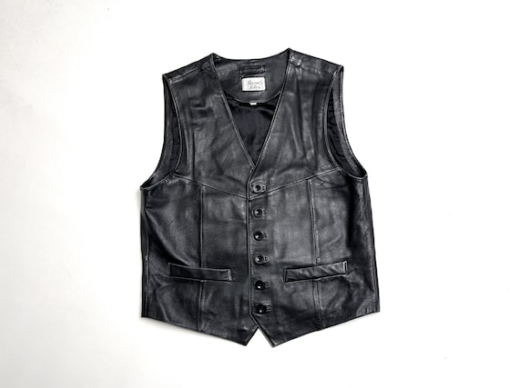 Vintage Biker-waste Leather Black Unisex 90s Leather Vest XL Rover