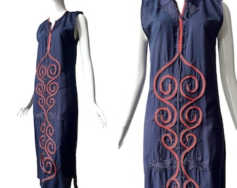 1970s Boho Dress / Tunic Dress Blue Red / 70s Summer Dress Slim Cotton / Embroidered Dress M / Embroidery Pattern