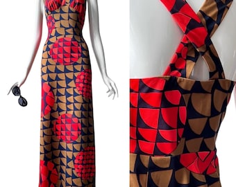 70s dress maxi psychedelic pattern crossed straps vintage funky dress S M