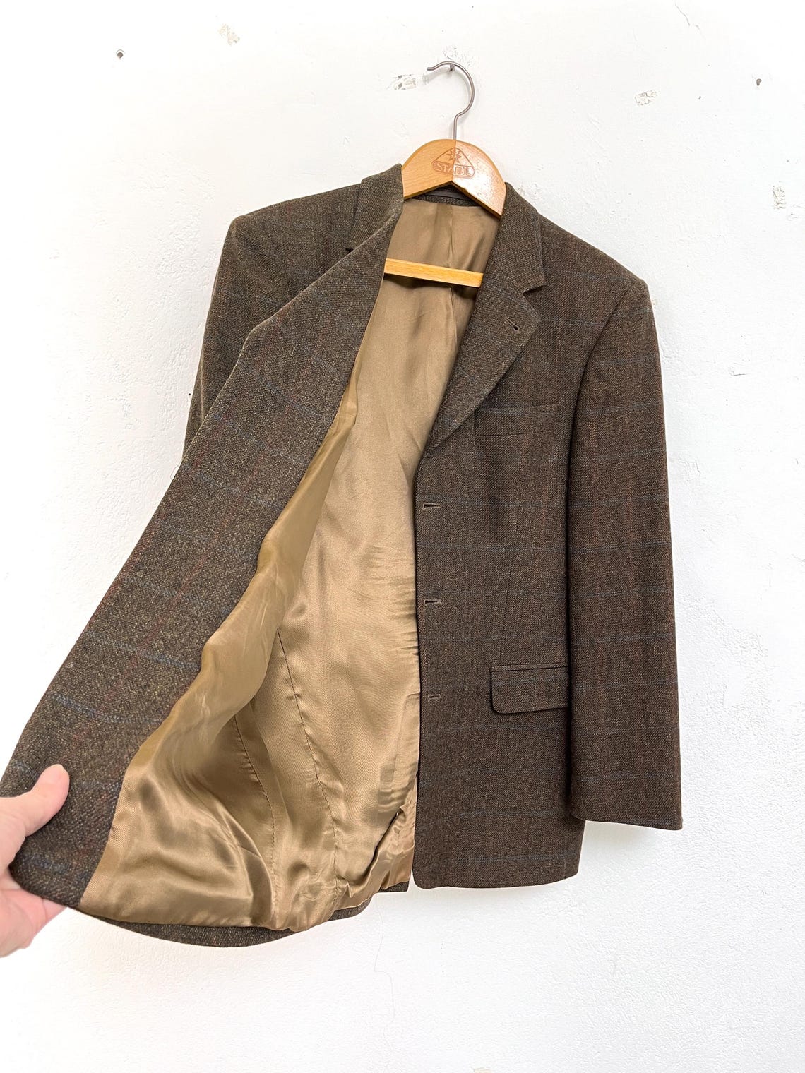 1970er Karo Tweedjacke Braun Schurwolle M / Vintage Sakko / Anzug-Jacke Herbst Winter, foto 4 di 5