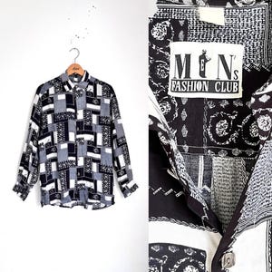 Vintage men&#39;s shirt / club shirt / 1980s shirt black and white / viscose shirt / crazy pattern