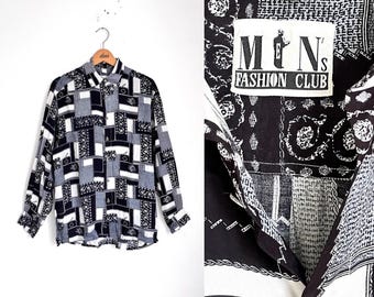 Camicia vintage da uomo / camicia da club / camicia anni '80 in bianco e nero / camicia in viscosa / fantasia pazza