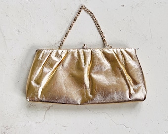 Vintage La Regale Gold Satin Evening Bag Knot Handle Formal Clutch Vintage La Regale Gold Satin Evening Clutch With Tassel  main image 2