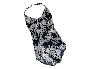 70s swimsuit, black and white wave pattern, halter neck, one-piece, vintage swimwear for women