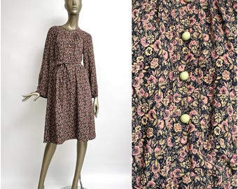 Boho dress, 1970s, Made in France, vintage floral dress, scattered flowers, long-sleeved, viscose, size S