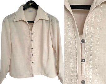 70s Bohemian Blouse Embroidered Beige Long Sleeve True Vintage Shirt Women's L