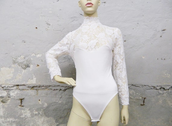 1970s bodysuit / vintage bodysuit lace white / jum