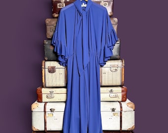 Elegant vintage 80s evening dress, blue, size L, with butterfly sleeves and shawl collar