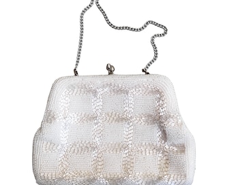 60s Abendtasche Weiß Perlen Kette / Ausgehtasche / Vintage Tasche bestickt / Perlentasche / festlich / Brauttasche