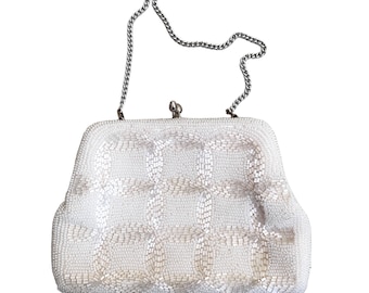 Sac de soirée années 60 chaîne perle blanche / sac sortie / sac vintage brodé / sac perles / sac festif / mariée