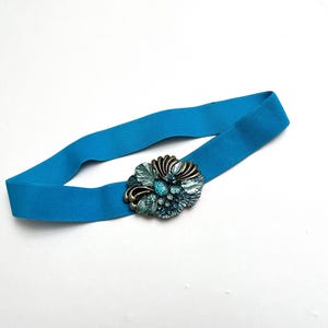 70s belt large decorated buckle vintage stretch belt blue elastic women&#39;s belt, waist belt