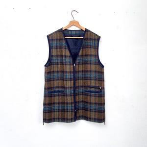 Wool Vest Vintage Vest New Wool Checked Zipper 90s Ladies Vest Checked Pattern