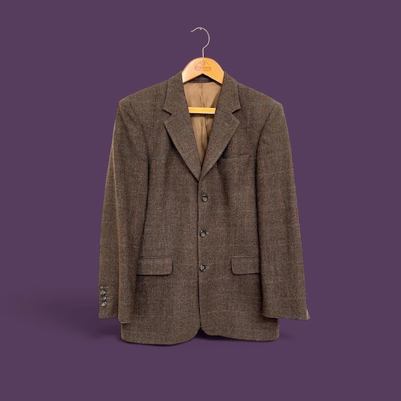 1970er Karo Tweedjacke Braun Schurwolle M / Vintage Sakko / Anzug-Jacke Herbst Winter