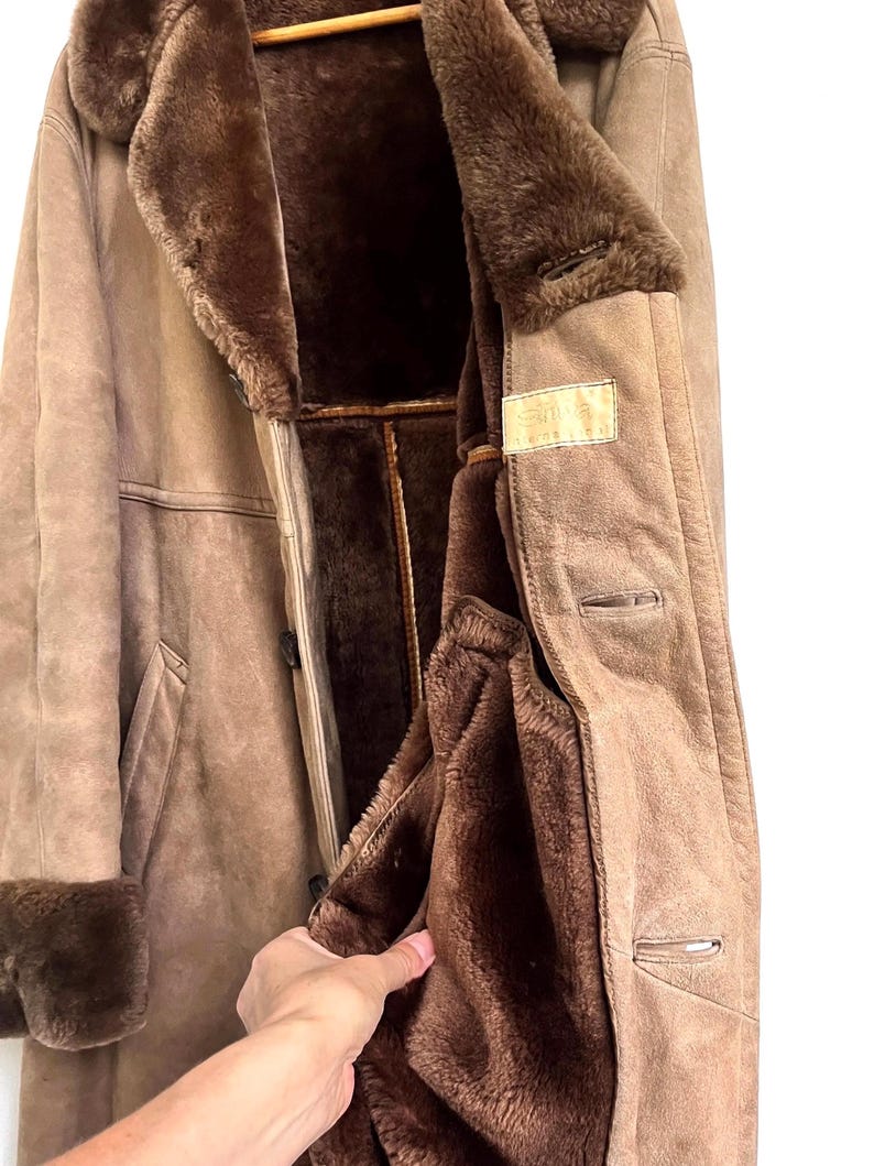Cappotto in pelle marrone anni '70, cappotto in pelle scamosciata da uomo con pelliccia, cappotto in pelliccia marrone chiaro, cappotto invernale vintage, L, XL immagine 8
