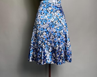 Gonna con stampa floreale anni '70, gonna vintage a balze, blu, XS, S, Midi