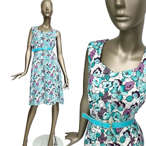Vestido floral vintage con cinturón, años 70, vestido floral verde morado para mujer, tallas M y L.