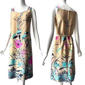 70s dress beige colorful wide straps / dress floral M / floral dress midi / sheath dress / summer dress M
