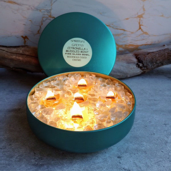 Citronella + Muddled Mint Fire Glass Bowl/Insect Repelling/Essential Oil, Natural Fragrance/Beeswax Coco Creme/16 Oz Candle/Outdoor Candle