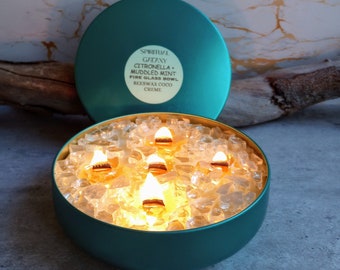 Citronella + Muddled Mint Fire Glass Bowl/Insect Repelling/Essential Oil, Natural Fragrance/Beeswax Coco Creme/16 Oz Candle/Outdoor Candle