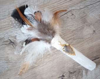 Small Selenite Smudge Fan/Gold Plated Arrowhead Jasper/Natural Feathers/Faux Suede Cord + Charm/Energy Clearing Tool