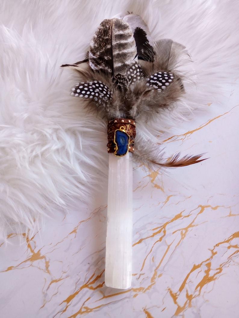 Sacred Space Selenite Smudge Fan/natural Feathers, Geode Agate, Ribbon ...