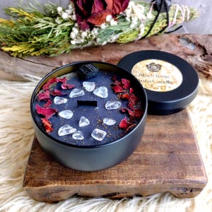 Black Rose Candle: Dark Rose + Labdanum Scent, Tourmaline & Quartz/Free Gift Wrap
