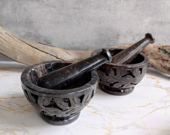 Carved Soapstone Mortar and Pestle Set/Choclate Brown or Caramel Tones/Smudge Bowl/Spice + Herb Grinder/Altar Tool/Kitchen Accessory