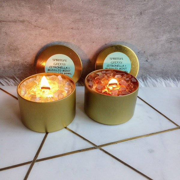 Citronella + Muddled Mint Fire Glass Bowl/Insect Repelling/Essential Oil, Natural Fragrance/Beeswax Coco Creme/8 Oz Candle/Outdoor Candle