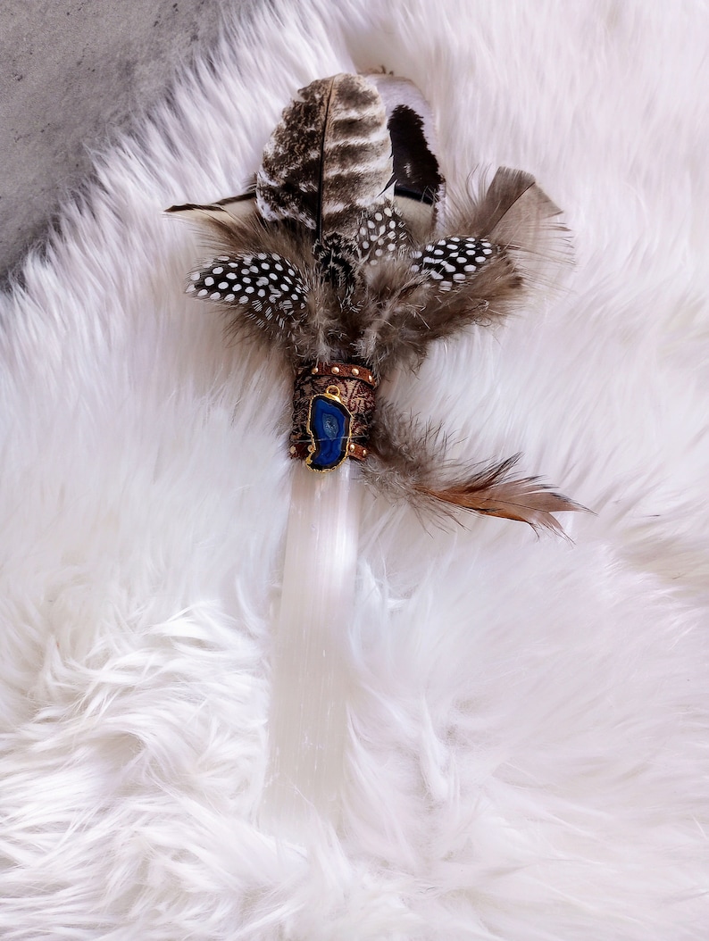 Sacred Space Selenite Smudge Fan/natural Feathers, Geode Agate, Ribbon ...