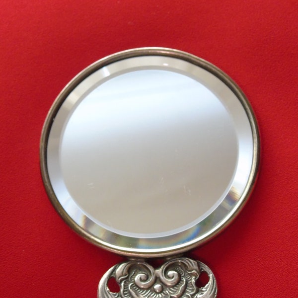 Vintage 1950's Hand Held Mirror,  Silver Plated Repousse, Hans Jenson with beautiful bevelled glass.