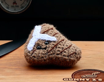 Steak-Crochet-Amigurumi Food-Crochet Steak-Stuffed Animal-BBQ-Steak-T-Bone Steak-Play Food-Crochet Food-Pretend Food-Stocking Stuffer