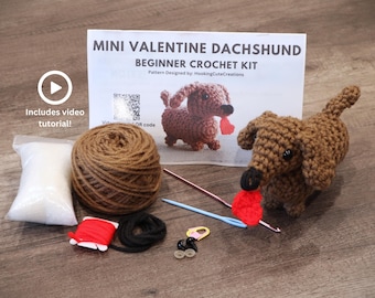 Beginner Crochet Kit Mini Valentine Dachshund-Crochet Dachshund-Crochet Kit-Valentine-DIY Crochet Kit-Dachshund Amigurumi-Dachshund Kit-Gift