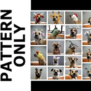 May include: A collage of 16 images featuring dogs wearing various crocheted animal hats. The hats include a giraffe, a chicken, a unicorn, a shark, a dinosaur, a cow, a pig, a bunny, and more.