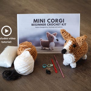 May include: A crochet kit for making a mini corgi. The kit includes yarn in brown and white, a crochet hook, and a pattern. The kit also includes a video tutorial. The kit is designed for beginners.
