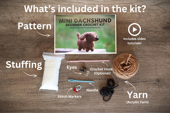 Beginner Crochet Kit Mini Dachshund-Crochet Dachshund-Crochet Kit-DIY Crochet Kit-Dachshund Amigurumi-Dachshund Crochet Kit-Crochet Animals