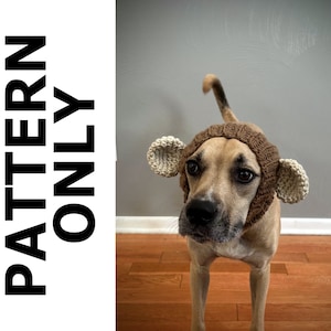Könnte beinhalten: Ein brauner und beigefarbener Hund, der eine braune gestrickte Affenmütze mit großen Ohren trägt. Der Hund steht auf einem Holzboden.