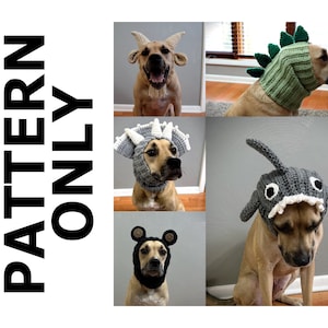 Puede incluir: Cinco gorros de crochet para perros diferentes en varios diseños de animales. Los gorros son grises, verdes y negros. Los gorros son usados por un perro marrón.