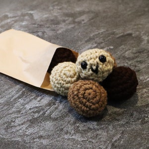 May include: A brown paper bag filled with five crocheted balls. The balls are brown and beige and have a textured surface. One of the beige balls has a smiling face with black eyes.
