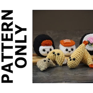 Sushi 5 Pattern Bundle-Food Set Pattern-Crochet Sushi-Amigurumi Pattern-Crochet Musubi-Nigiri-Shrimp Tempura-Cookie-Dumpling-Crochet Pattern