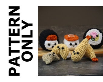 Sushi 5 Pattern Bundle-Food Set Pattern-Crochet Sushi-Amigurumi Pattern-Crochet Musubi-Nigiri-Shrimp Tempura-Cookie-Dumpling-Crochet Pattern