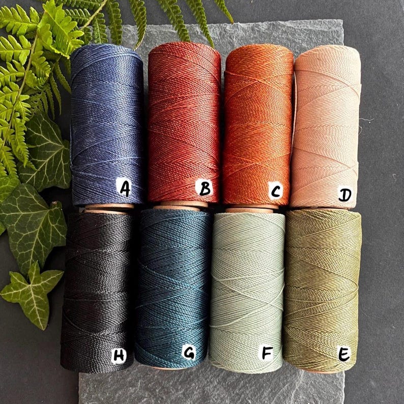 Puede incluir: Un surtido de ocho carretes de hilo encerado en varios colores, incluyendo azul, rojo, naranja y beige. Los carretes est&aacute;n etiquetados de la A a la H. Los hilos est&aacute;n dispuestos sobre una superficie gris, con follaje verde en el fondo.