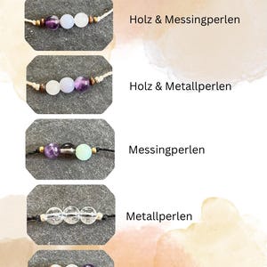 Damit dein Armband perfekt zu dir passt, kannst du zwischen 5 Abschlussvarianten wählen – z. B. Messingperle oder schlichter Knoten