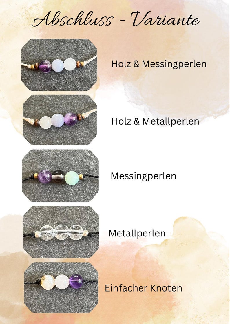 Damit dein Armband perfekt zu dir passt, kannst du zwischen 5 Abschlussvarianten wählen – z. B. Messingperle oder schlichter Knoten