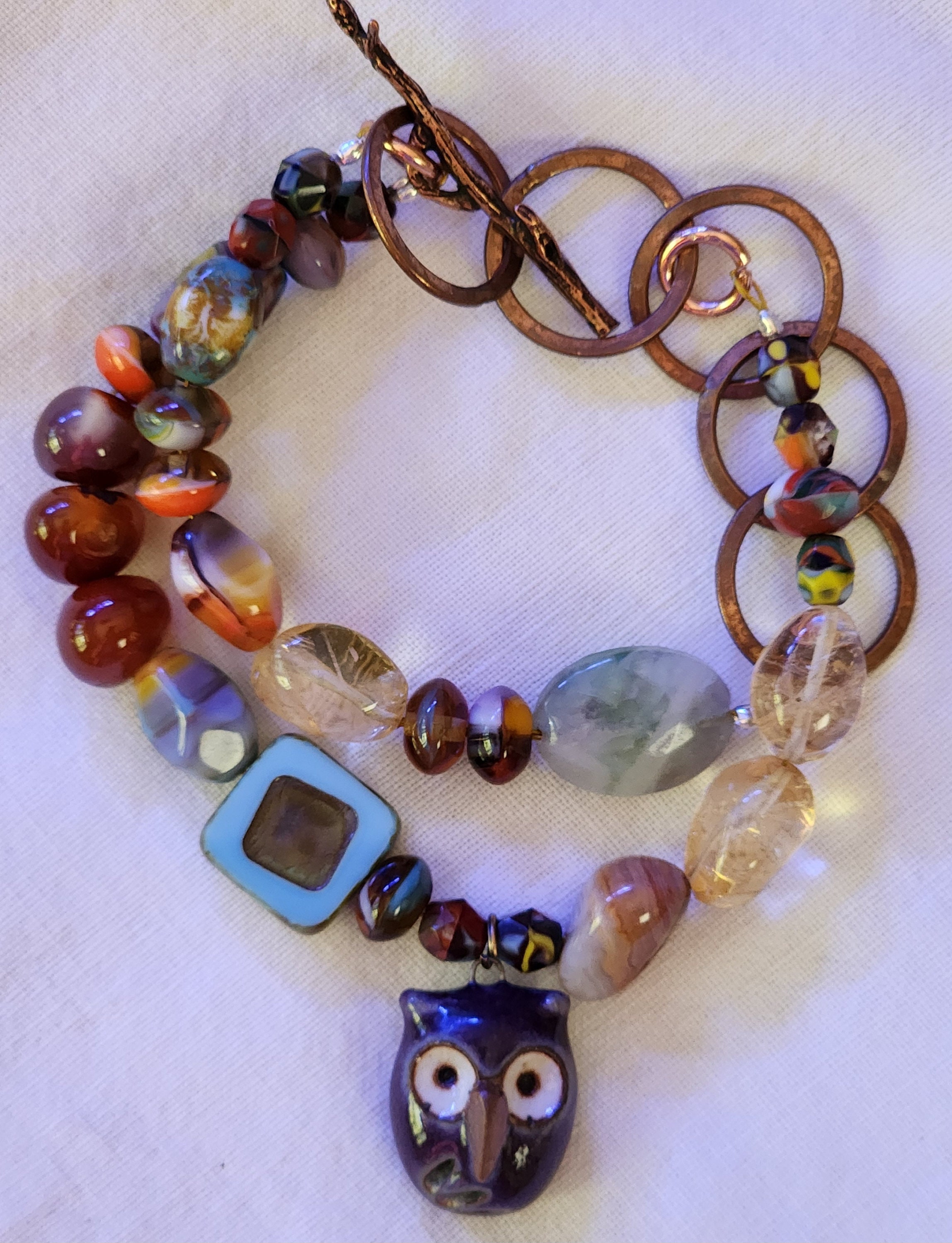 Earthtone Bracelet with vintage Ceramic Owl Charm, Boho, Eclectic