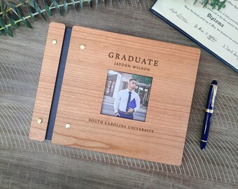 Graduate Custom College Graduation Photo Album - Class Of 2024 - Wooden Graduation GuestBook - Personalized High School Graduate Memory Book